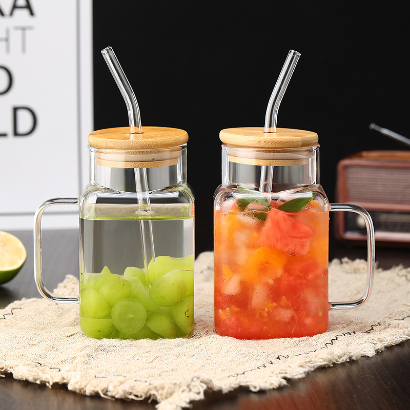 Straw glass cup, ins style, household high borosilicate strap, Mark water cup, large capacity, office covered cup details Picture