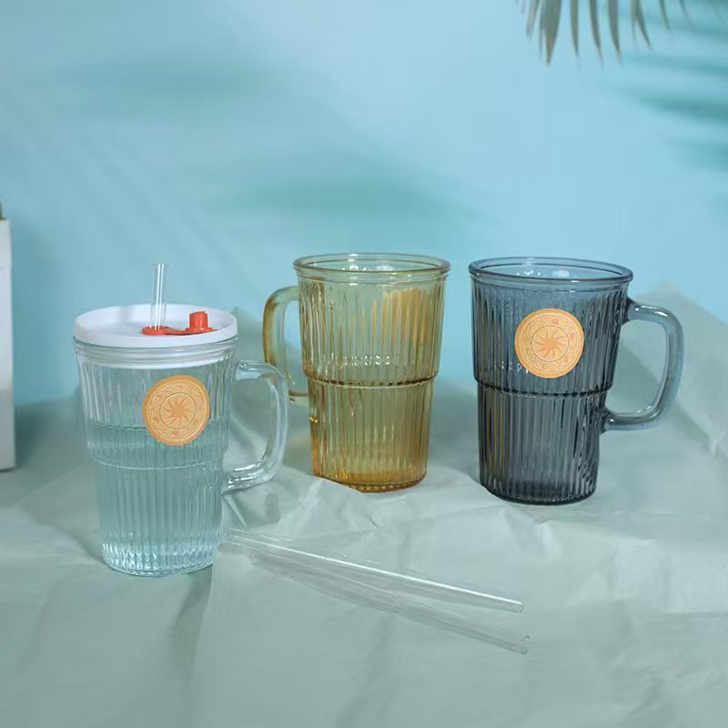 Transparent ins glass water cup with handle, high appearance level, women's summer juice drink cup, striped covered straw cup Specification drawing