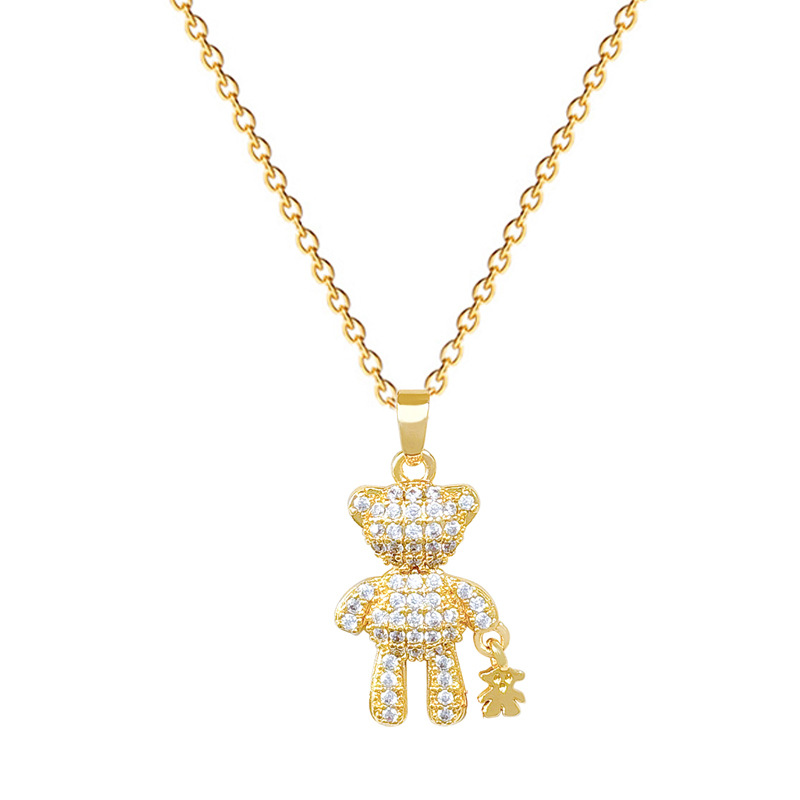 【 Titanium Steel 】 Big bear leading Little Bear, light luxury and elegant, full diamond necklace, versatile collarbone chain, titanium steel chain for women Item Picture