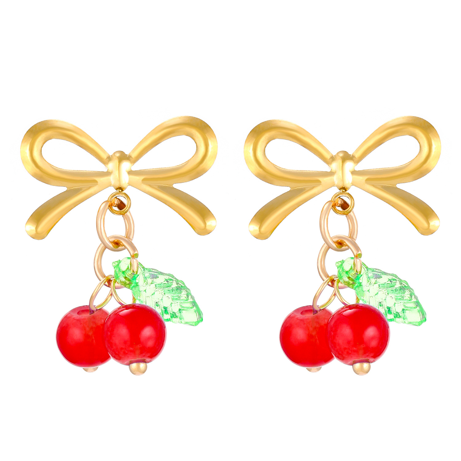 European and American ins bow cherry stud open ring, colorful round bead earrings, stainless steel country style jewelry Item Picture