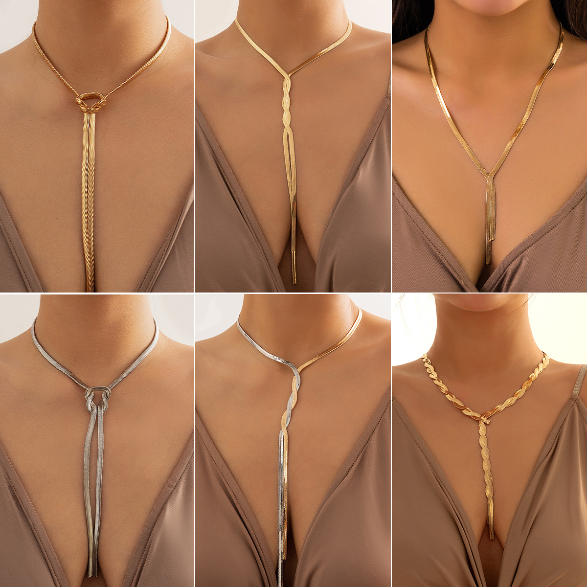 A simple and long snake-bone chain necklace from Europe and America, with a cold design and plain chain tassel necklace full figure