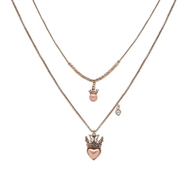 Double-layer layered necklace with a high-end, light luxury and niche crown heart-shaped collarbone chain, ins original style antique matte gold pendant Item Picture