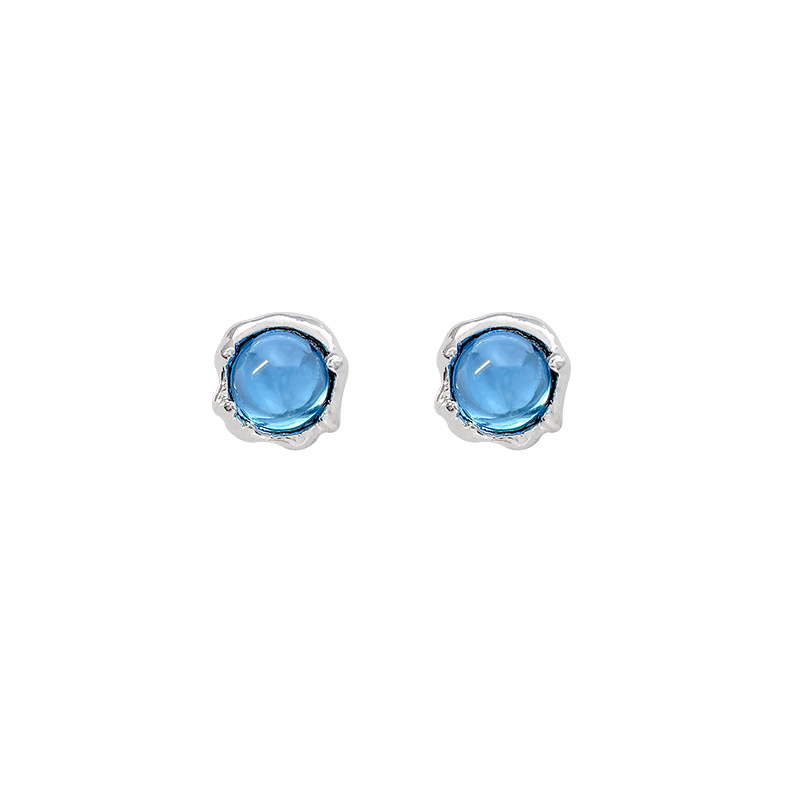 Korean blue crystal round bead stud earrings with a cool and feminine forest style, simple and small stud earrings, versatile and unique earrings wholesale Item Picture