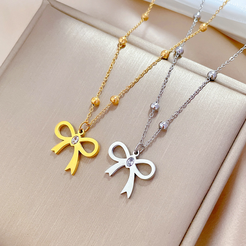 【 Titanium Steel throughout 】 Zircon bow, simple style furnace, real gold necklace, female Instagram influencer collarbone chain accessory Specification drawing