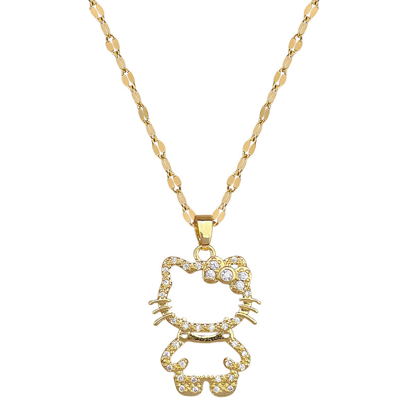 【 Titanium Steel 】 Hollow cat, light luxury, luxurious, full diamond necklace, versatile for women, collarbone chain, titanium steel chain Item Picture