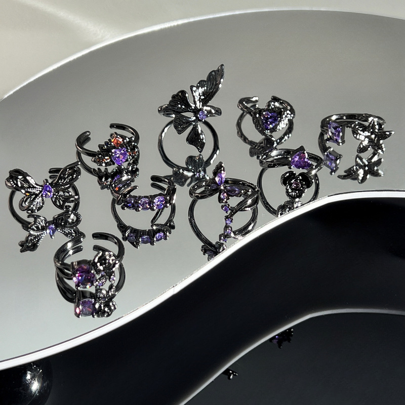 Sweet and cool dark style purple diamond retro open-top ring, gender-neutral trend, European and American punk high-end layered index finger ring full figure