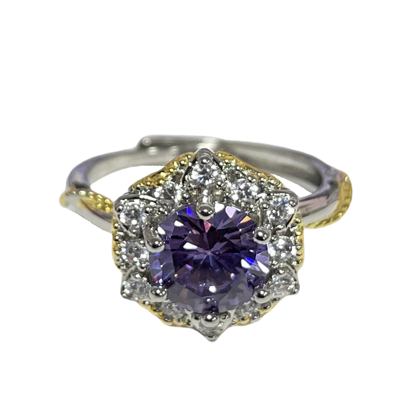 A sweet and cool European and American bouquet purple diamond open ring for women, with a light luxury and high-end feel, fashionable and elegant, and a niche design sense Item Picture