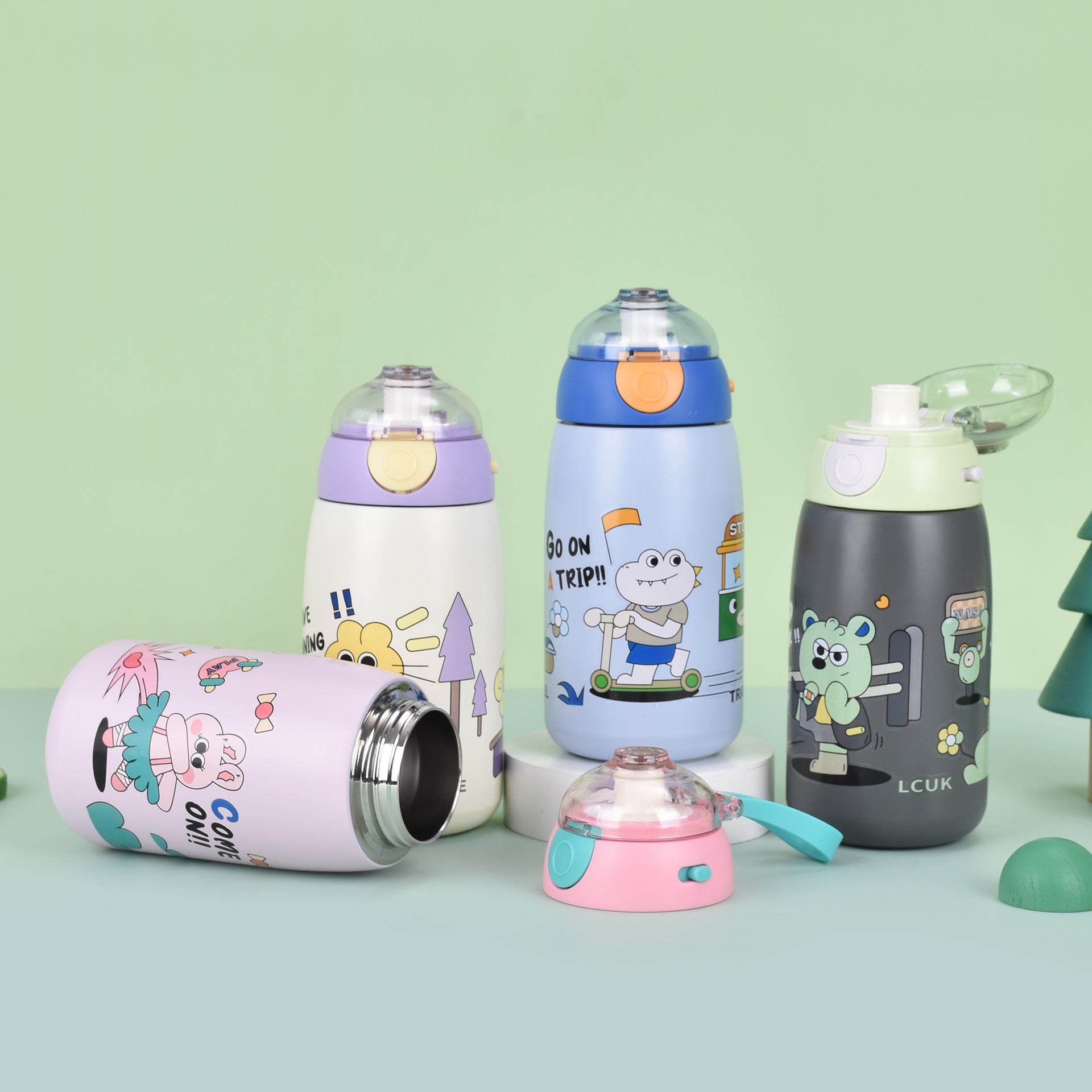 Cartoon 316 stainless steel children's insulated cup, double-layer portable water cup with handle rope, cute vacuum bouncing cup for students details Picture