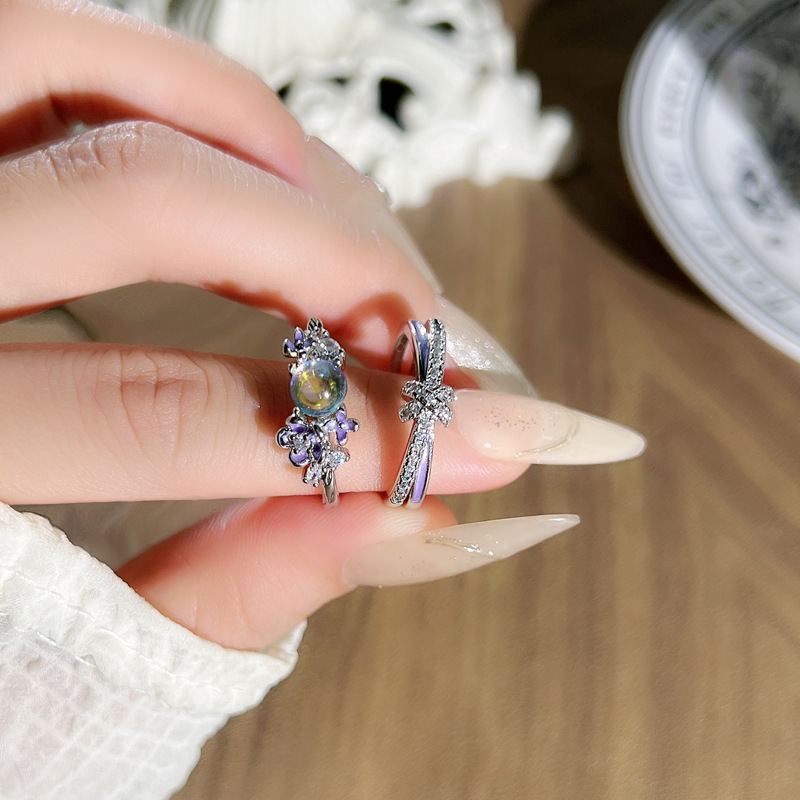 A new French sweet and cool purple glazed moonstone moonstone personalized open ring, a delicate and unique light luxury ring for women details Picture