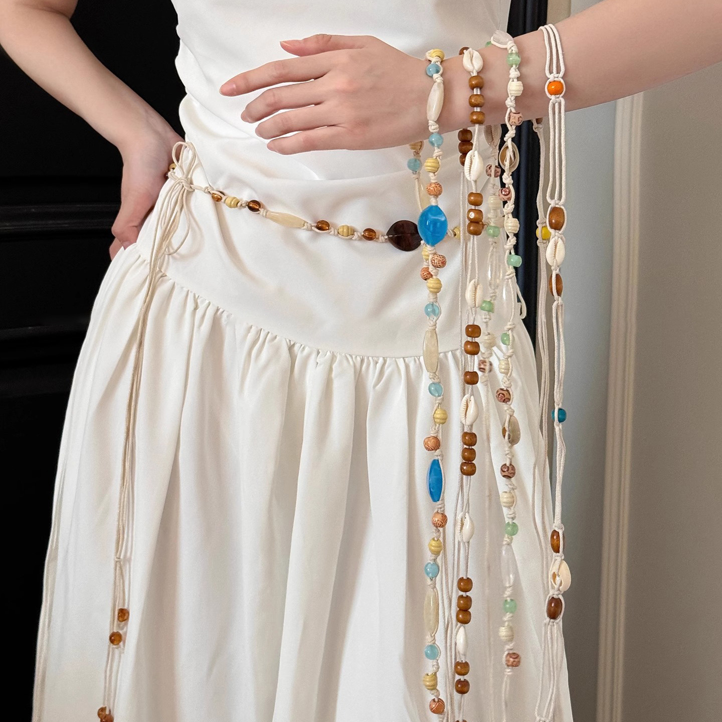 Bohemian braided beaded shell waist chain, women's design sense, ethnic style belt dress, waist-cinching accessory full figure