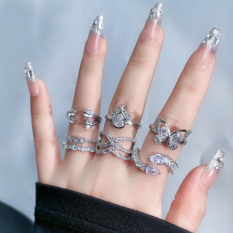 Sweet and cool, light luxury butterfly opening ring for women, full diamonds, geometric irregular, cold style, high-end fashion ring Specification drawing