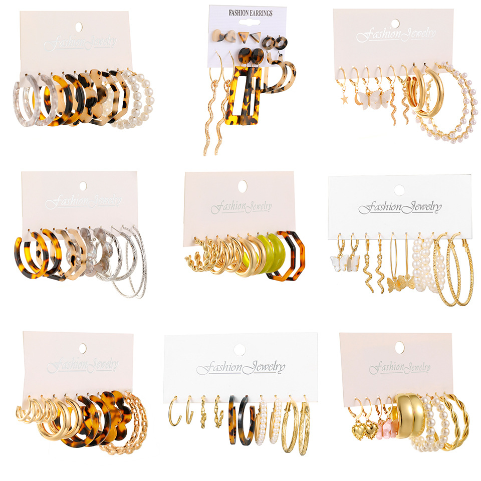 New acetate board alloy creative retro pearl earring set, cross-border circle ear ring butterfly pendant earrings full figure