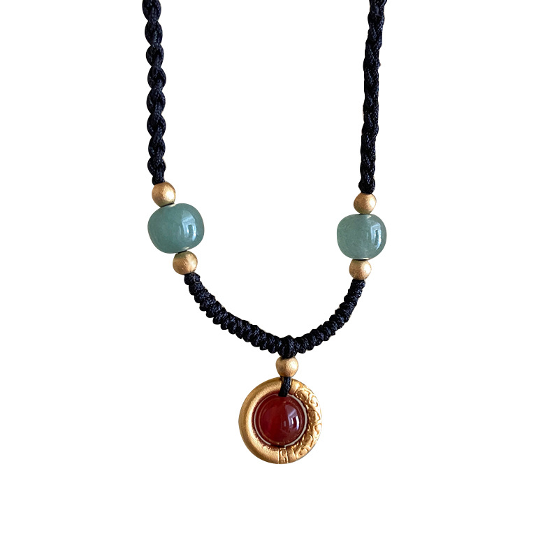 Red agate peace pendant hand-woven rope necklace, a light luxury and niche pendant for women, collarbone chain for summer lovers Item Picture