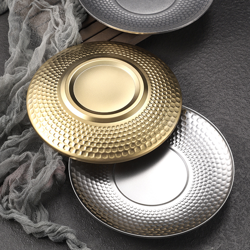 Creative hammer-patterned 304 stainless steel plate, household fruit plate, double-layer insulated vegetable plate, golden snack, dessert and cake plate Specification drawing