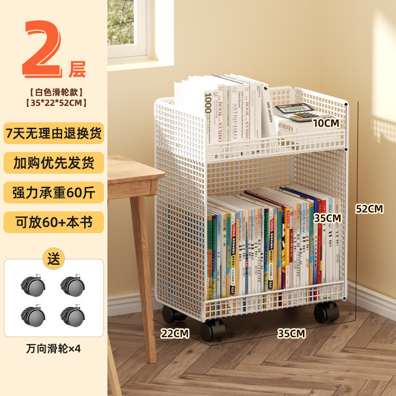 Under the desk, a small bookshelf beside the desk, a movable wheeled floor-standing office desk, a trolley for book storage, and a bookcase undefined