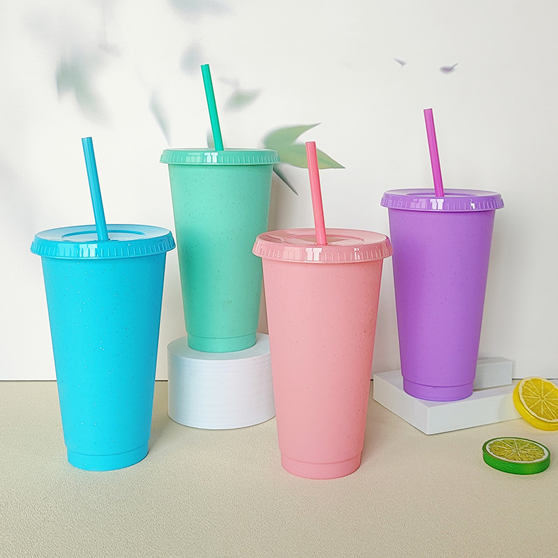 New plastic straw cups, large-capacity transparent beverage milk tea cups with LIDS, creative glitter cups, factory wholesale details Picture