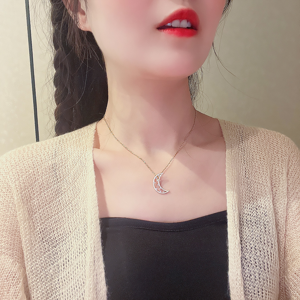 Light luxury star moon collarbone chain, women's high-end moon pendant, simple and elegant, versatile hip-hop style necklace wholesale pearl Specification drawing
