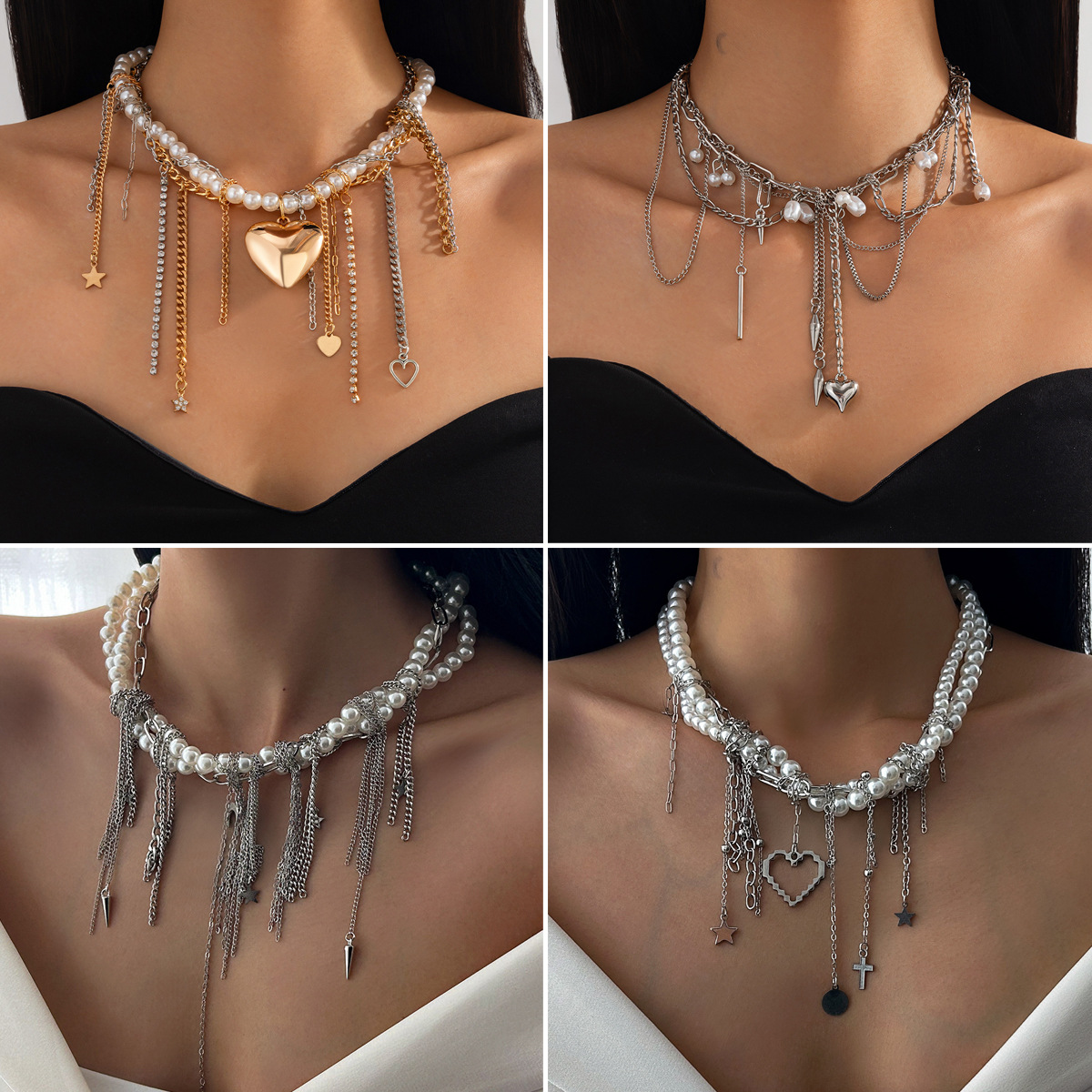 European and American cross-border jewelry, cold style heart pearl pendant Necklace, personalized tassel alloy chain Necklace full figure