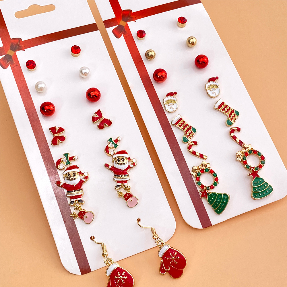 Christmas earring set: New alloy oil-dripping earrings, cross-border export fashion pearl Christmas Tree 8 pairs full figure