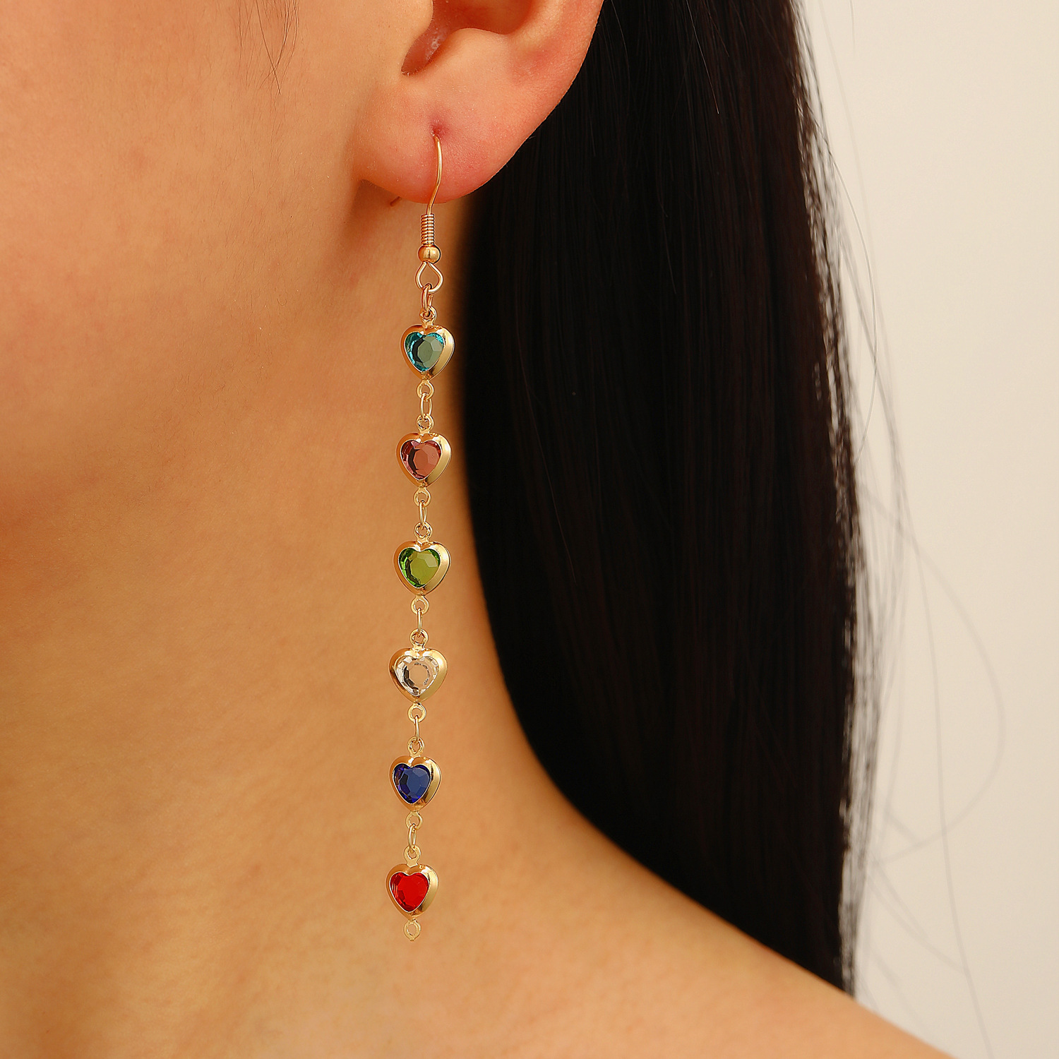 Cross-border colored water drop tassel earrings, heart-shaped fashionable colored diamond sweet long earrings, light luxury and high-end earrings for women details Picture