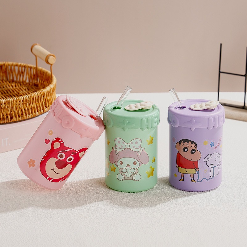 Wholesale cartoon double-layer glass water cups in stock, convenient and portable office cups, cute glass water cups for children and students details Picture