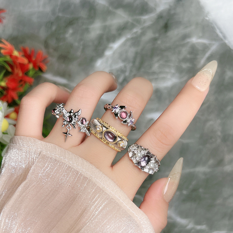 French retro brushed skirt edge purple diamond egg surface unique personality open ring, women's niche design sense light luxury ring full figure