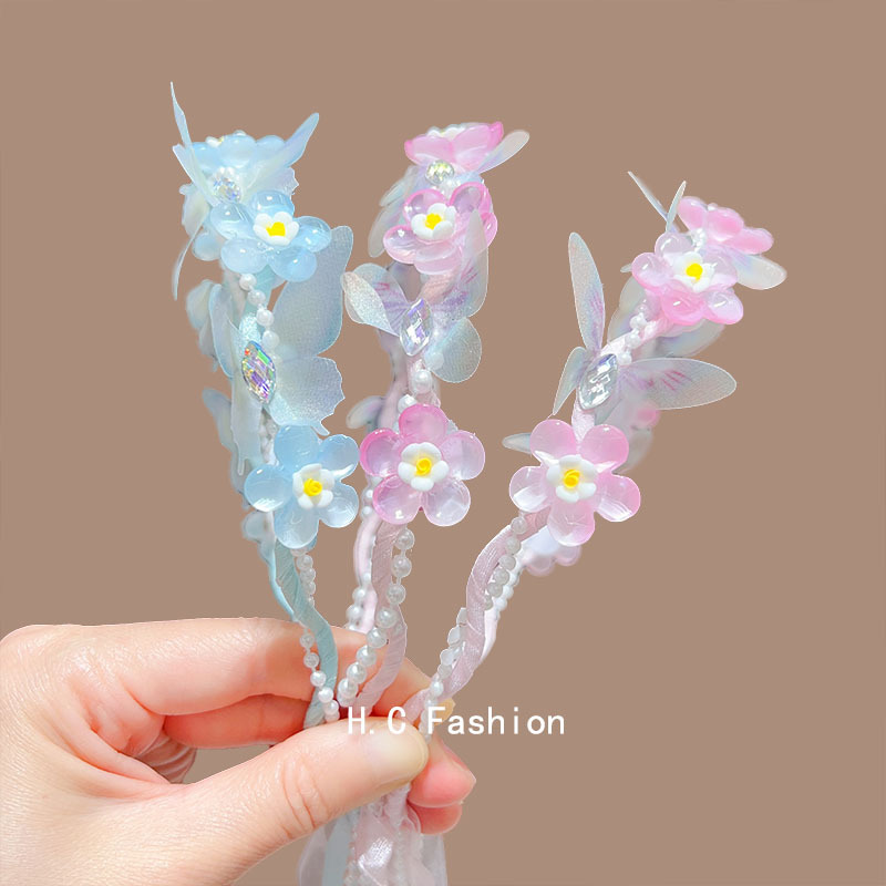 Girls' flower wreath headband, ribbon princess butterfly flower braid headpiece, ancient style super fairy-like children's headband, children's hair accessory details Picture
