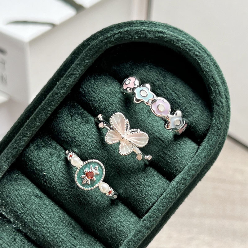 Korean style Instagram niche sweet and cool silver flower butterfly enamel fashion ring, a delicate and personalized design ring for women Specification drawing