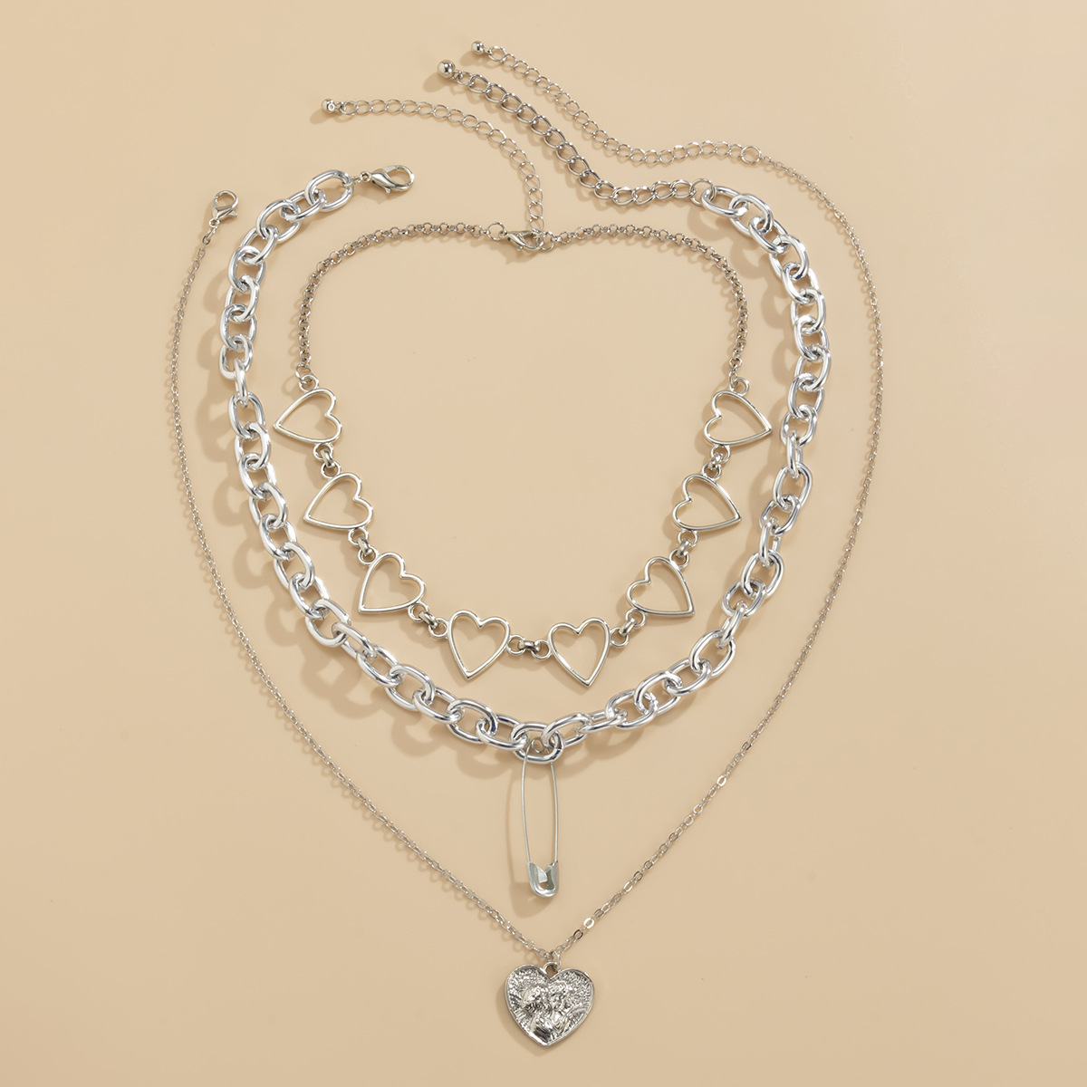 European and American cross-border jewelry hip-hop geometric style sweet love multi-layer necklace, personalized pin mixed and matched embossed necklace details Picture