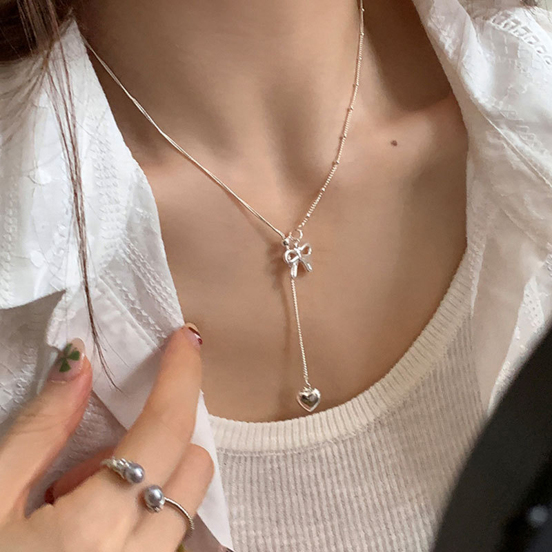 A design sense bow heart pull-out adjustable necklace for women, simple and elegant, light luxury, versatile neckchain, collarbone chain Specification drawing