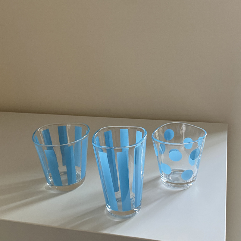 Homemade retro and fresh ins glass cups, blue striped polka dot irregular water cups, milk cups, niche and simple Item Picture