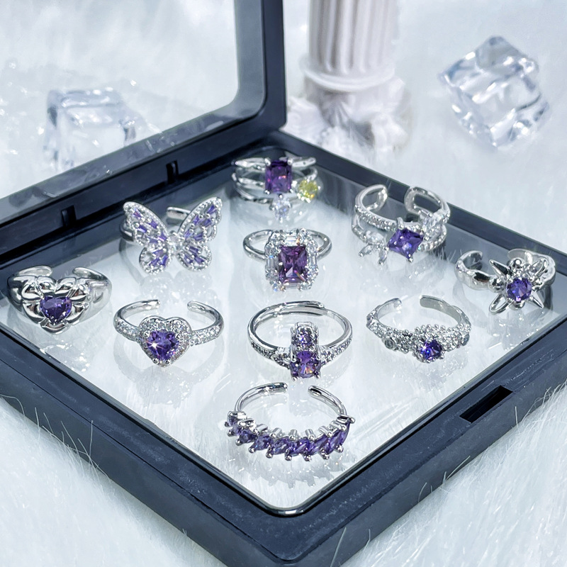 A light luxury purple diamond zircon open ring with a versatile and elegant style. It features a niche design for women, an ins unique and fashionable sweet and cool ring full figure