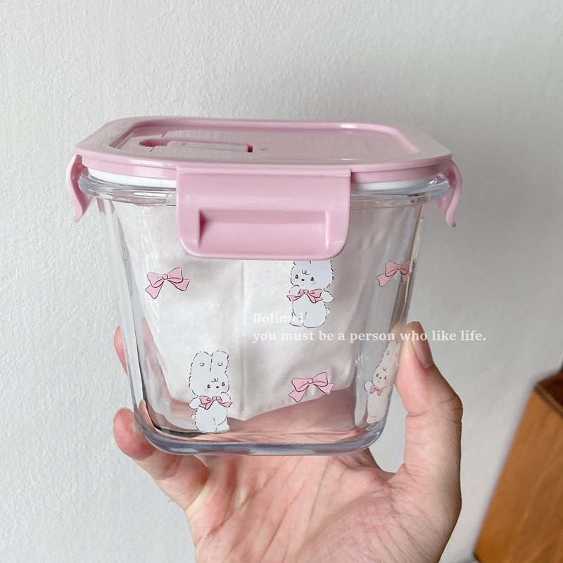 Bolimei Bow Rabbit Glass Food Preservation Bowl, heat-resistant glass bowl with lid seal, girlish heart glass bowl Specification drawing