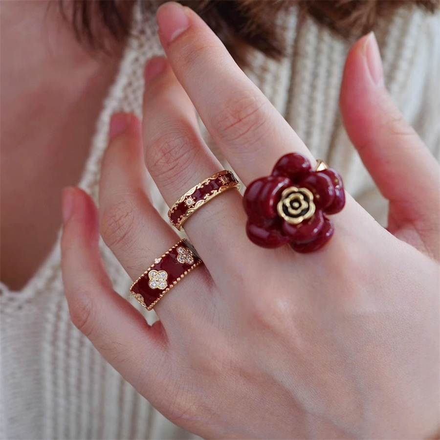 New Year's Ankela red drip glaze rose flower ring for women, exquisite, light luxury and high-end four-leaf clover open ring details Picture