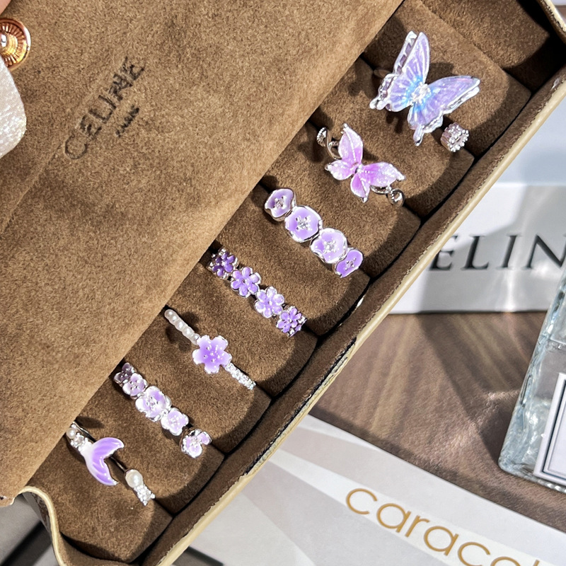 A super sweet and ethereal taro and violet gradient flower style open ring for women, a simple and versatile silver ring Specification drawing