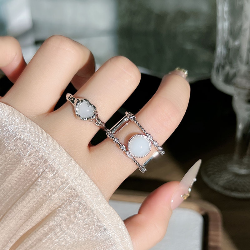 The new simple and plain ring with a heart moonstone open ring is a versatile and fashionable, cold and unique ring trend for women details Picture