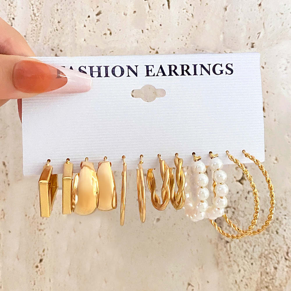 European and American style metal ear rings, square geometric earrings, retro pearl earrings, Hepburn style earring set of 6 pieces details Picture