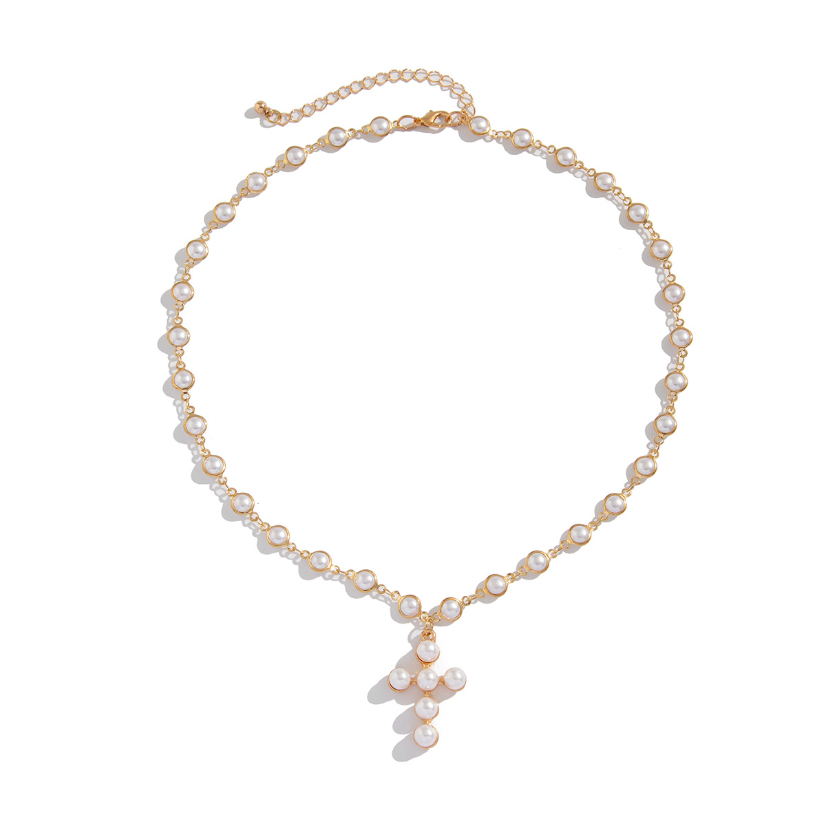 European and American cross-border jewelry, Gothic style cross alloy pendant necklace, fashionable imitation pearl beaded collarbone chain Item Picture