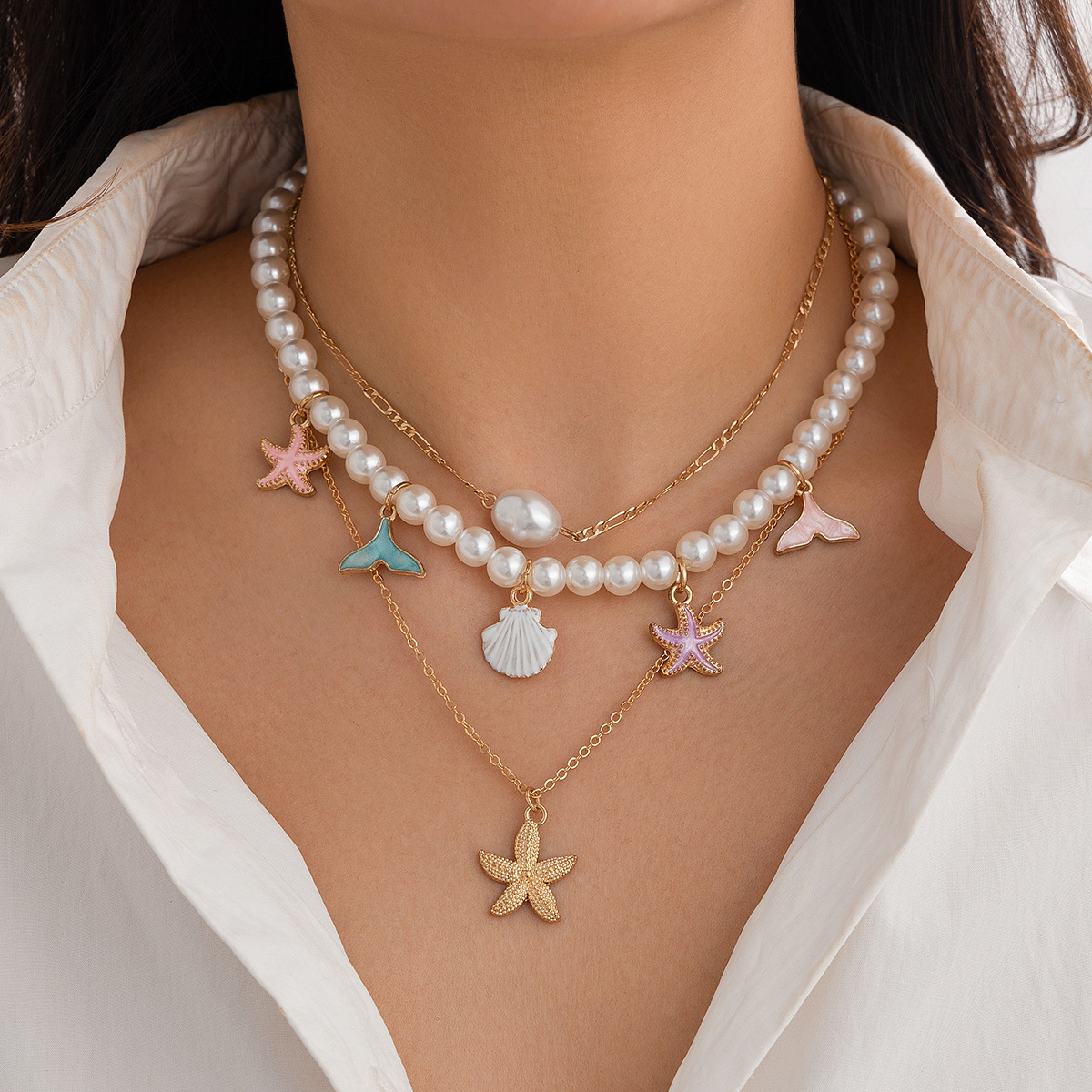 European and American cross-border jewelry beaded shell ocean style retro necklace crushed stone baroque imitation pearl necklace Specification drawing