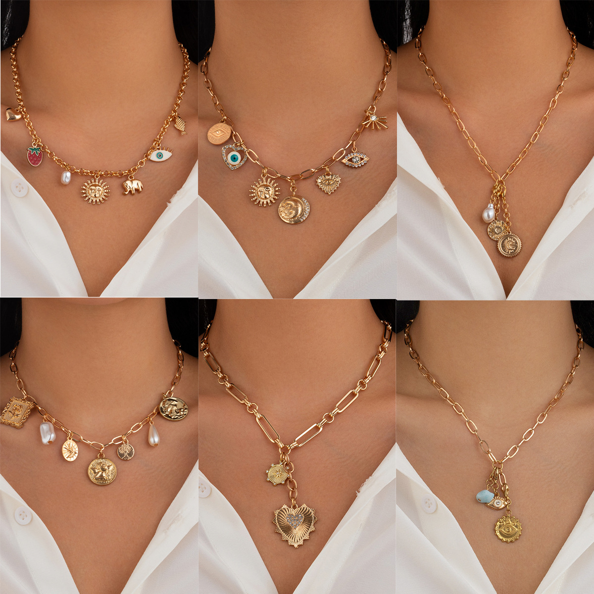 European and American cross-border jewelry, fashionable sun-shaped zircon necklace, women's geometric alloy heart-shaped tassel collarbone chain full figure