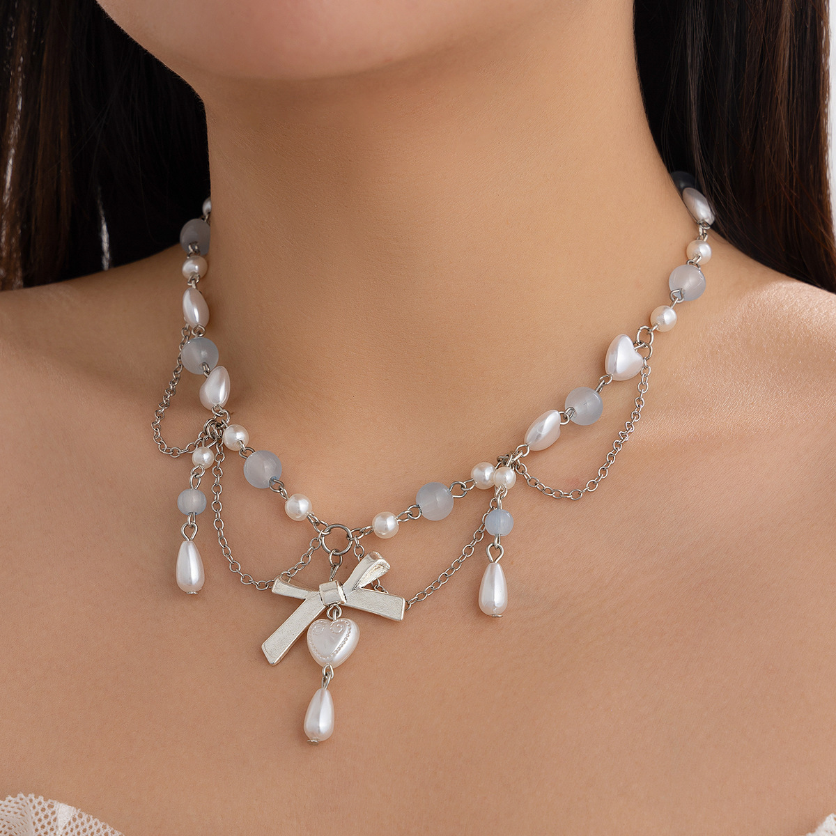 European and American cross-border jewelry sunflower frosted wax thread collarbone chain, fresh and elegant alloy pearl set necklace full figure