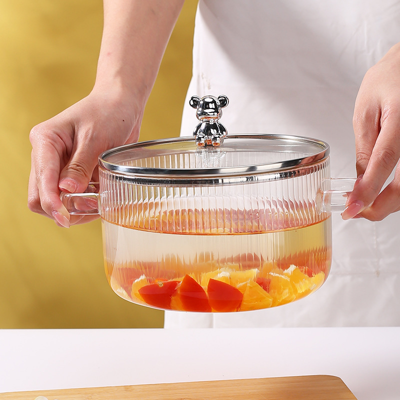 Little Bear high borosilicate soup bowl, high-temperature resistant glass bowl, household microwave instant noodle bowl with lid, large soup basin, double-ear pot full figure