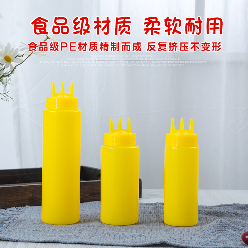 PE three-hole squeeze sauce bottle, sauce seasoning pot, salad bottle, three-spout squeeze bottle, jam bottle, three-headed salad bottle, cream bottle details Picture