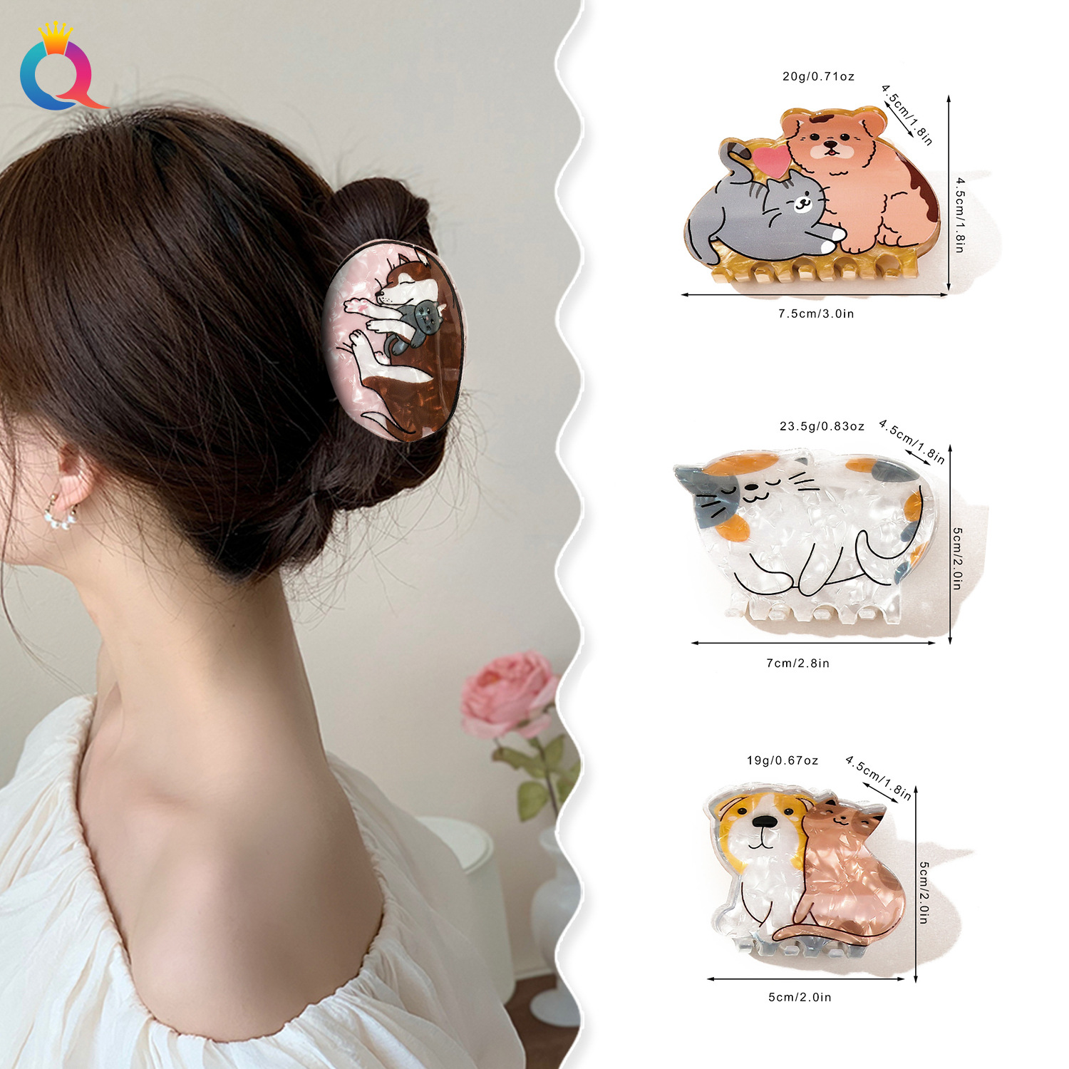 Qiyue Cross-border PVC hair clips, cute and sweet acetate imitation, shark clips, high-end printed animal scratch-off hair accessories details Picture
