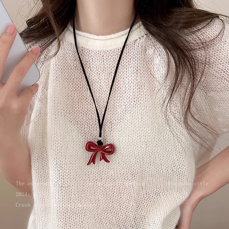 Ankela Red Bow Necklace for Women 2024 New style, with a unique and sweet design sense, versatile and personalized sweater chain details Picture