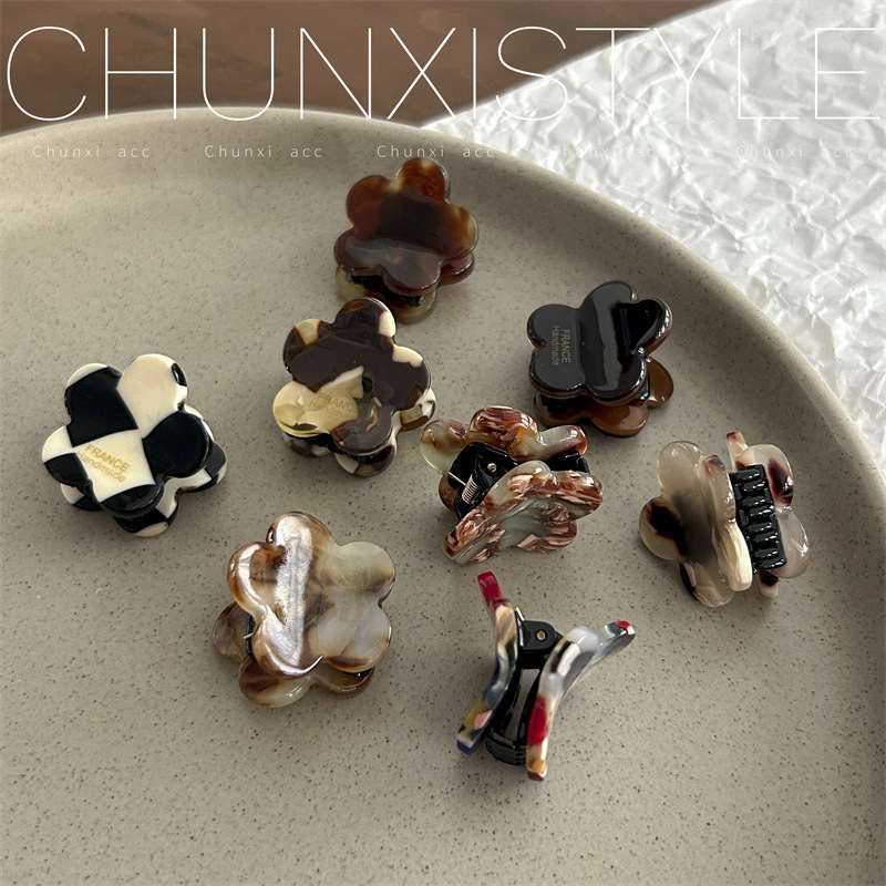 Korean France Gold label ink-wash brown series anti-aging acetic acid flower mini bangs hairpin top clip details Picture