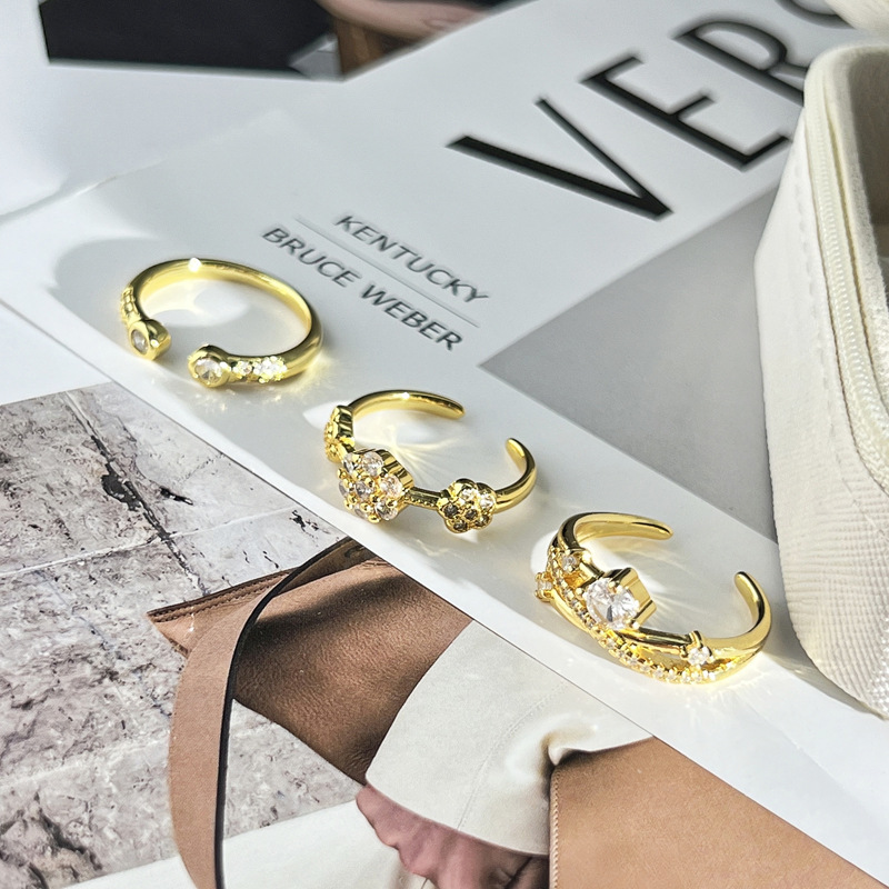 French light luxury, sweet and cool, retro flower, full diamond, fashionable open ring, women's Instagram cold style, niche and elegant ring Specification drawing