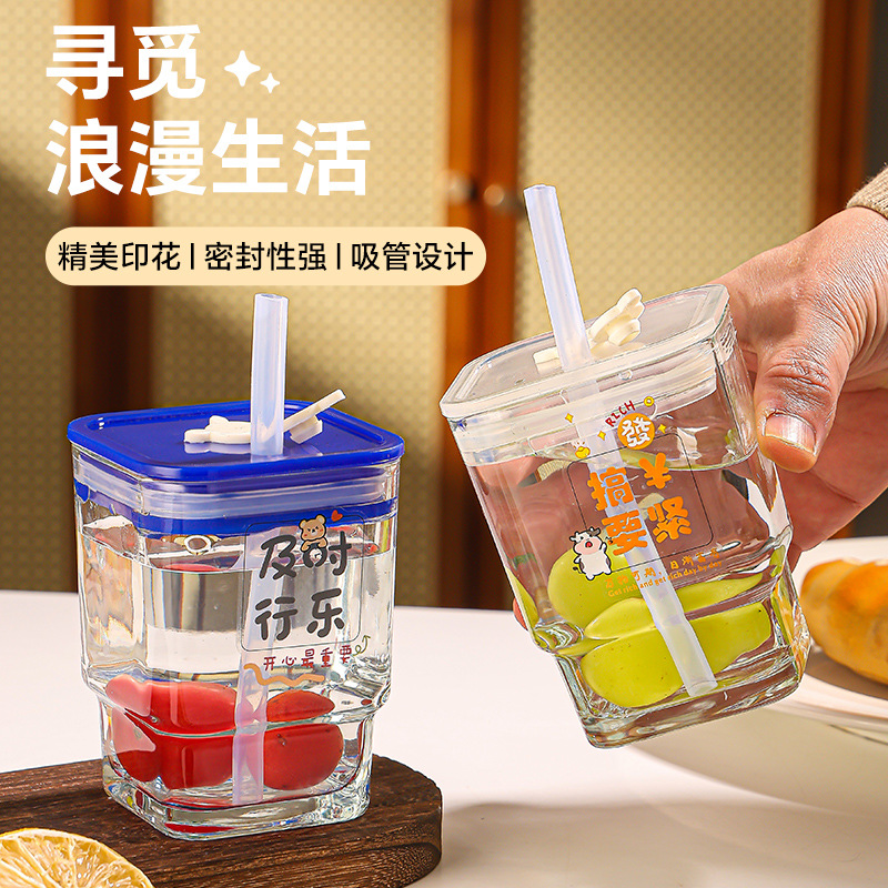 Wholesale square text-printed glass water cups with LIDS, thickened straw cups, household 450ml drinking cups, milk cups Specification drawing