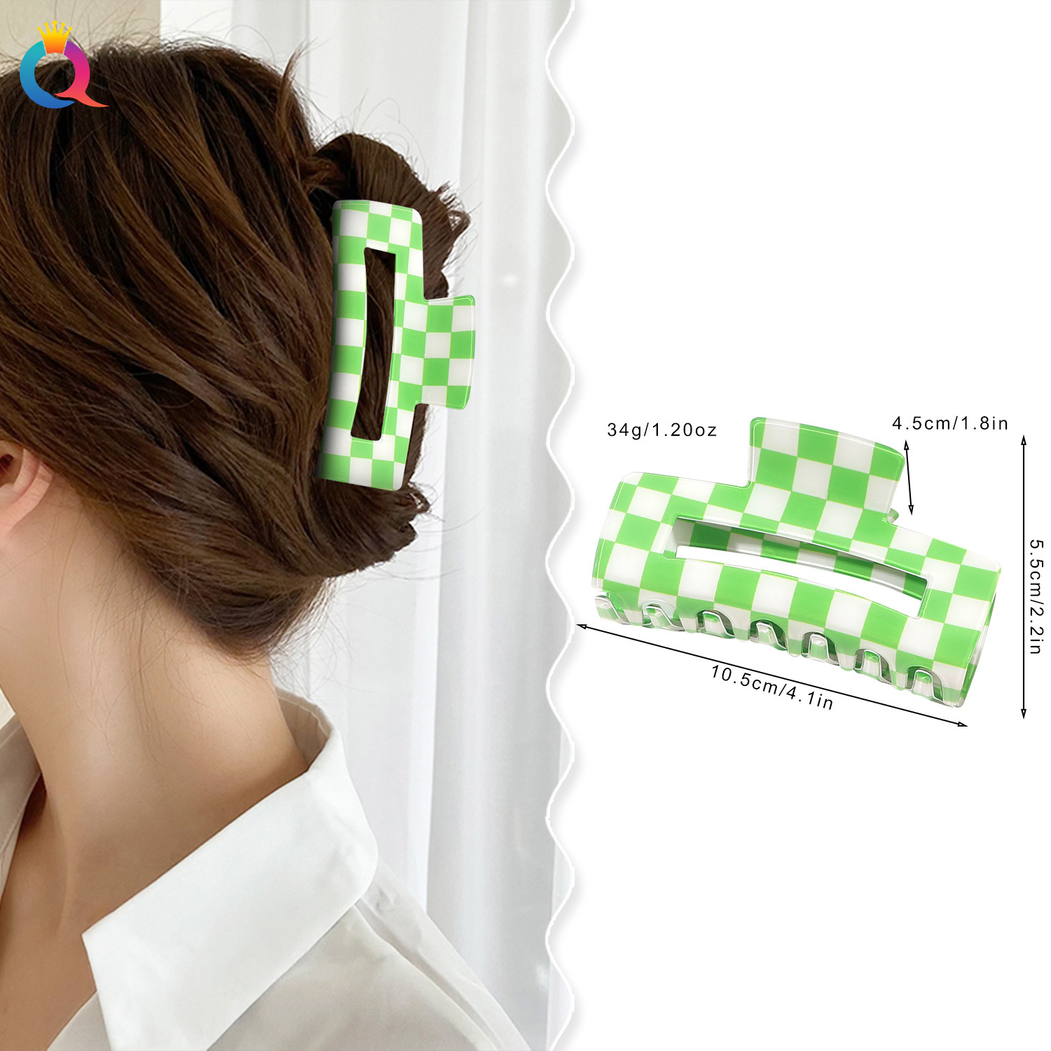 Qiyue Cross-border PVC checkerboard hair clips, high-end square gripper, shark clip, hairpin, hair accessory and headwear batch full figure