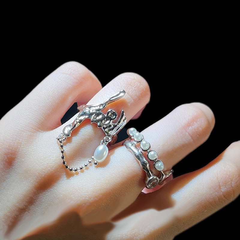 French-style gentle, sweet and cool starlight pearl open ring, trendy women's layered tassel ins style light luxury high-end ring full figure